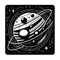 Black and White RetroFuturistic Planetary System Illustration Planets, Rings, Stars, and Celestial Spheres in a Square Frame. vector