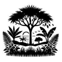 Silhouette of a tropical landscape with stylized trees, vegetation, birds, and a setting sun, creating a serene and minimalist scene. vector