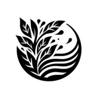 Monochrome Circular Emblem Featuring Leafy Plants with Water Droplets and Symbolic Waves, Representing Nature Freshness. vector