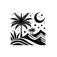 Black White Silhouette of a Tropical Oasis Under a Crescent Moon and Starlit Sky, with Palm Trees, Dunes, and Grass. vector