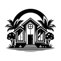 Black and white stylized illustration of a modern house with palm trees, trees, and an arch, perfect for real estate or architectural branding. vector