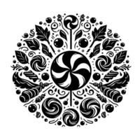 Black and White Circular Mandala A confectionerythemed artistic featuring lollipops, swirls, leaves, and ornaments, a harmonious pattern. vector