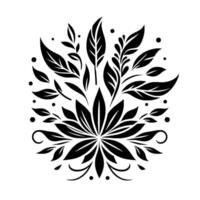 Intricate Black and White Floral Featuring Leaves, Petals, and a Central Bud in a Symmetrical Composition, Dotted Accent, and a clean, look. vector