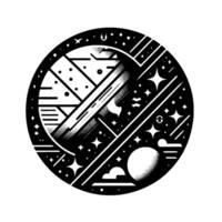 Celestial Spherical Composition Geometric Black White Art with Stars, Lines, and Abstract Forms, Suggesting Cosmic Elements. vector