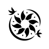 Intricate black and white illustration of a floral sunburst with stylized birds and teardrop accents within a circular composition, conveying elegance. vector