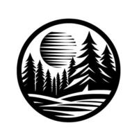 Circular Monochrome Silhouette of a Forest Scene Depicting Pine Trees and a Striped Sun or Moon on a White Background. vector