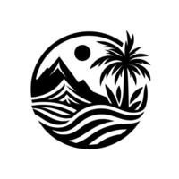 Silhouette of a tropical landscape within a circle Mountains, ocean waves, sun, and a palm tree evoke serenity and adventure. vector