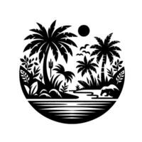 Stylized Black White Silhouette of a Tropical Paradise Scene with Palm Trees, River, Birds, and Wildlife Within a Circular Frame. vector