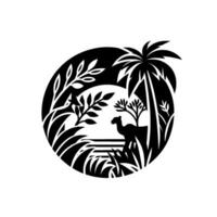 Silhouette of Desert Oasis Scene, Featuring Palm Tree, Camel, and Lush Foliage Enclosed in a Circular Frame. vector