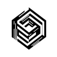 Geometric black and white hexagonal maze or complex pattern with a sense of depth, set against a clean white background. vector