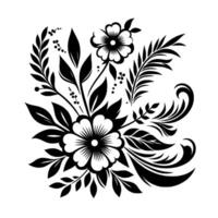 Intricate Black and White Floral with Leaves, Berries, and Ornamental Swirls, on a Plain Background. vector