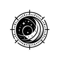 Celestial Compass A stylized black and white circular emblem featuring a crescent moon, stars, and a central planet, with directional markers. vector