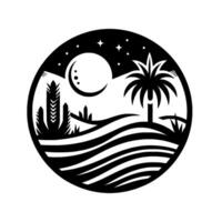 A silhouetted black and white circular illustration of a desert landscape at night, featuring a palm tree, undulating dunes, and a celestial scene with moon and stars. vector