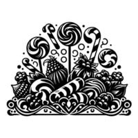 A whimsical, monochrome illustration of various candies and sweets, including lollipops, candy canes, and fruits, arranged in a decorative, stylized composition with ornate details. vector