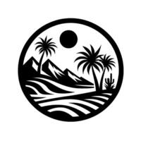 Black and white circular illustration of a desert landscape, featuring mountains, palm trees, a sun, and desert flora. vector