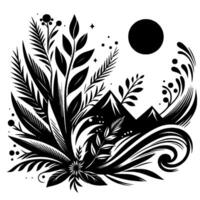Monochrome illustration of lush foliage, mountains, and a dark sun creating a whimsical natureinspired art piece with delicate details. vector