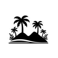 Silhouette of a tropical island scene with palm trees, hills, and stylized foliage set against a stark white background, minimalist design. vector
