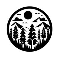 A minimalist black and white circular emblem depicting a forest scene, mountain range, sun, and clouds. vector