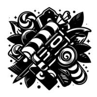 Black and white intricate pop art arrangement featuring candy, leaves, and geometric shapes with a symmetrical composition on a white background. vector