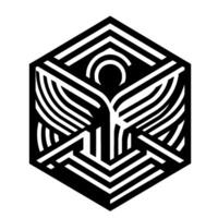 Geometric Cube with Stylized Figure, Featuring Black and White Striped Pattern and Circular Head Depiction. vector