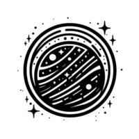 Monochromatic Space Illustration Detailed planet encircled, featuring stars, orbits, lines, and dots against white backdrop. vector