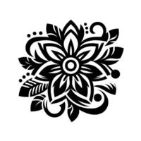 Intricate black and white floral mandala featuring layered petals, swirls, and dot accents on a clean white background. vector