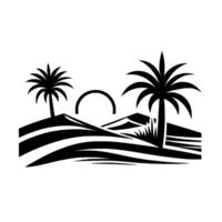 Minimalist Black and White Desert Scene Palm Trees, Dunes, and Sun Symbol in Flat Design. vector
