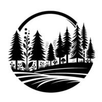 Stylized Black and White Forest Landscape within a Circular Frame, Depicting Trees, Grass, and a Serene Hill. vector