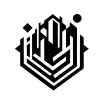 Abstract Black White Geometric Composition Featuring Stylized Lettering Within a Hexagonal Framework, accented with geometric shapes. vector