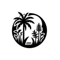 Silhouette of a Tropical Landscape Enclosed Within a Circular Frame, Featuring a Palm Tree, Plants, and Pathway. vector