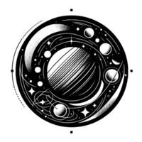 A stylized black and white circular cosmos illustration featuring planets, stars, comets, and concentric orbit lines, creating a cosmic mandala design. vector