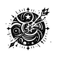 Celestial Compass Black and White Illustrative of a Starry Night Within a Circular Decorative Frame, Arrow. vector