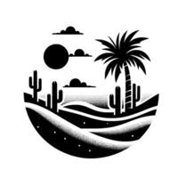Desert Oasis Silhouette Black and white illustration of a stylized landscape featuring cacti, palm tree, sun, clouds, and rolling dunes within a circular frame. vector
