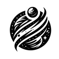 Bold black and white cosmic featuring orbiting planets, stars, and abstract nebulas in a circular composition. vector