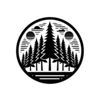 Silhouette of a pine forest within a circular frame, depicting sun, clouds, and trees in a minimalist black and white design. vector