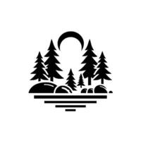 Silhouette of a crescent moon over a tranquil landscape featuring pine trees, rocks, and a body of water, evoking a sense of peace. vector