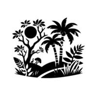 Black and White Silhouette of a Tropical Landscape with Palm Trees, Foliage, a Sun, and Wildlife, Creating a Serene and Artistic Illustration. vector