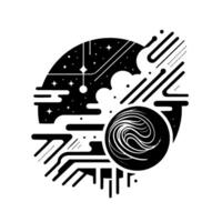 Abstract Monochrome Cosmic Fusion Starry Night Sky Embracing Swirling Galaxy within a CircuitInspired Composition. vector