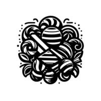 A monochrome illustration of a cluster of stylized candies, lollipops, and decorative elements with striped and swirl patterns. vector