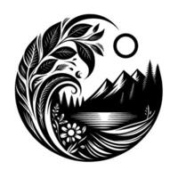 A stylized black and white nature illustration within a circular frame, depicting a serene landscape with mountains, trees, a lake, foliage, and a sun, creating a harmonious balance. vector