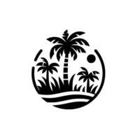Black and white stylized tropical featuring three palm trees, sun, and waving lines within a circular frame, evoking a calm, sunny, and breezy vibe. vector