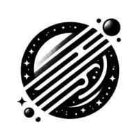 Black and White Abstract Space Illustration Circular Composition with Striped Planet, Stars, and Dots Against White Background. vector