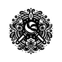Intricate circular monochrome with central crescent, stylized keys, ornamental flourishes, and a sense of mystery. vector