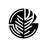 Stylized Black and White Geometric Leaf Within Circular Frame, Modern or Icon, Minimalist Aesthetic. vector