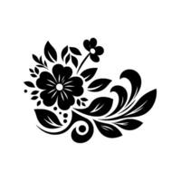 Ornate black floral with stylized flowers and leaves on a white background, creating a balanced, symmetrical composition. vector