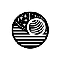 A minimalist, circular composition featuring a stylized black and white depiction of a planet with a striped surface amidst a starry sky. vector