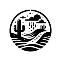 Circular black and white illustration depicts a desert scene with cacti, rolling hills, clouds, rain, and celestial elements. vector