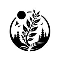 Stylized black and white circular depicting a flourishing plant, trees, birds, and sun, evoking natures harmony. vector