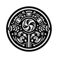 Intricate Black and White Circular Emblem with Swirls, Crowns, and Starry Accents, Forming a Symmetrical Design. vector