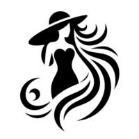 Silhouette of an elegant woman in a widebrimmed hat and strapless dress, with flowing stylized hair, black on white. vector